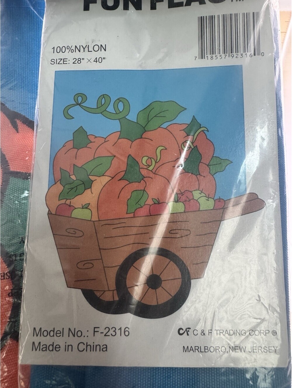 Fun Flag Nylon Pumpkins In Wheel Barrel Fall Flag 28”x40” NOS - Halloween